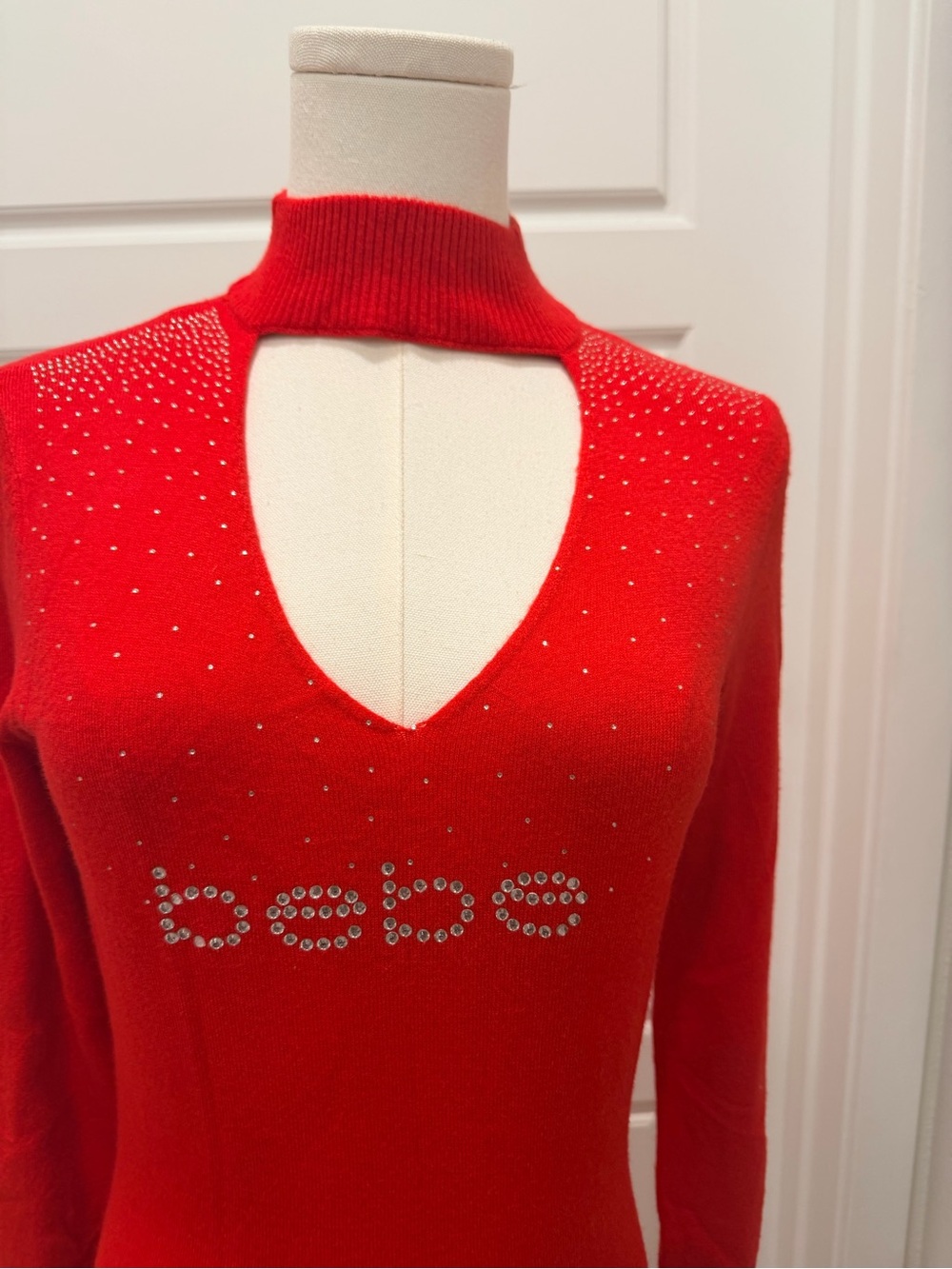 bebe Red Rhinestone Logo Cutout Long Sleeve Dress - Picture 2 of 6